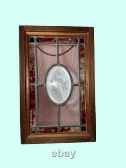 Stained Glass Panel Oval Floral Design Wood Frame 16x10