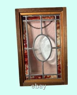 Stained Glass Panel Oval Floral Design Wood Frame 16x10