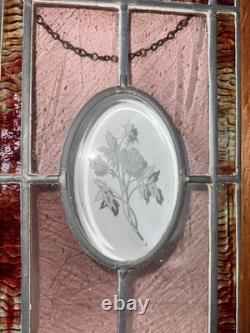 Stained Glass Panel Oval Floral Design Wood Frame 16x10