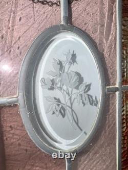 Stained Glass Panel Oval Floral Design Wood Frame 16x10