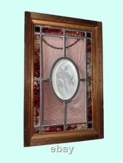 Stained Glass Panel Oval Floral Design Wood Frame 16x10