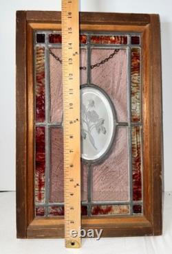 Stained Glass Panel Oval Floral Design Wood Frame 16x10