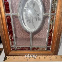 Stained Glass Panel Oval Floral Design Wood Frame 16x10