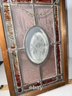 Stained Glass Panel Oval Floral Design Wood Frame 16x10