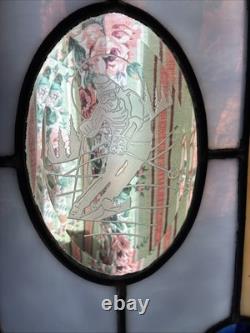Stained Glass Panel Snow Skier Etched Glass Tiffany Style Window 21 by 12