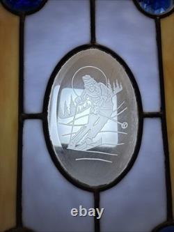 Stained Glass Panel Snow Skier Etched Glass Tiffany Style Window 21 by 12