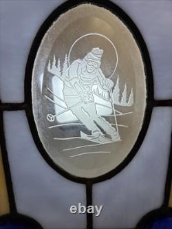 Stained Glass Panel Snow Skier Etched Glass Tiffany Style Window 21 by 12
