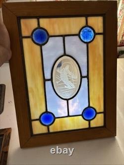 Stained Glass Panel Snow Skier Etched Glass Tiffany Style Window 21 by 12