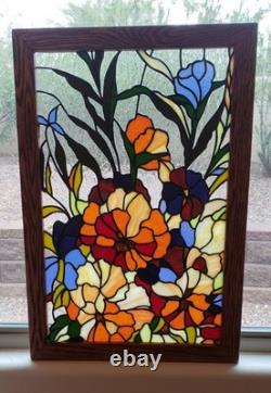 Stained Glass Panel Tiffany Flowers Handcrafted & Wood Frame 23 3/4 x 16 1/4