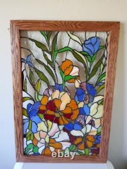 Stained Glass Panel Tiffany Flowers Handcrafted & Wood Frame 23 3/4 x 16 1/4
