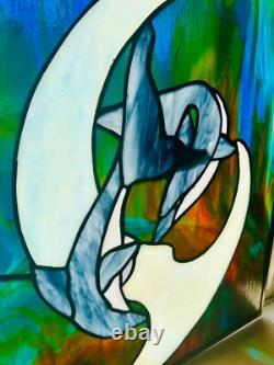 Stained Glass Panel Wall Hanging Beach Dolphins Tropical Sun Catcher Vintage