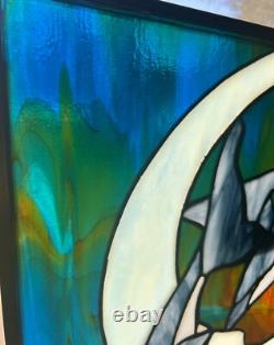 Stained Glass Panel Wall Hanging Beach Dolphins Tropical Sun Catcher Vintage