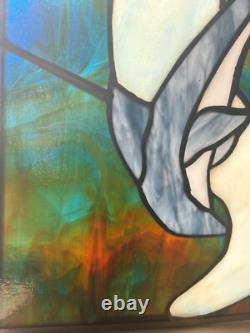 Stained Glass Panel Wall Hanging Beach Dolphins Tropical Sun Catcher Vintage