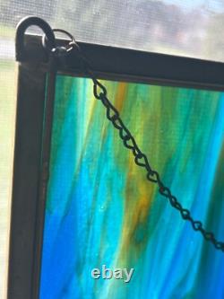 Stained Glass Panel Wall Hanging Beach Dolphins Tropical Sun Catcher Vintage
