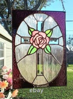 Stained Glass Panel Window Art Suncatcher Beveled Cross & Rose Tiffany Style
