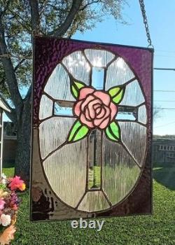Stained Glass Panel Window Art Suncatcher Beveled Cross & Rose Tiffany Style