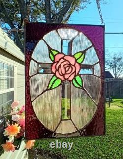 Stained Glass Panel Window Art Suncatcher Beveled Cross & Rose Tiffany Style