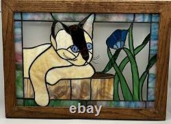 Stained Glass Panel in wood frame Blue-eyed Cat withflower window panel suncatcher