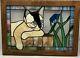 Stained Glass Panel in wood frame Blue-eyed Cat withflower window panel suncatcher