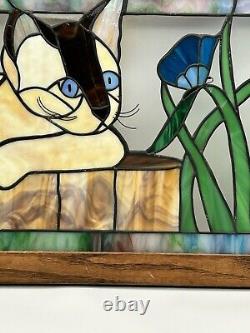 Stained Glass Panel in wood frame Blue-eyed Cat withflower window panel suncatcher