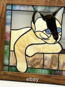 Stained Glass Panel in wood frame Blue-eyed Cat withflower window panel suncatcher