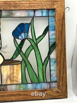 Stained Glass Panel in wood frame Blue-eyed Cat withflower window panel suncatcher