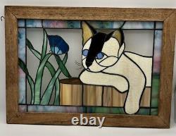 Stained Glass Panel in wood frame Blue-eyed Cat withflower window panel suncatcher