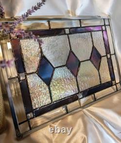 Stained Glass Panel window hanging Purple And Iridescent Colors 10.5 X 14.5 In