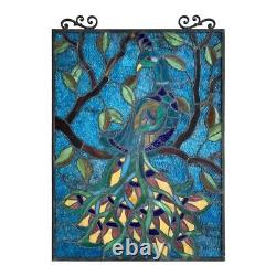 Stained Glass Peacock In Tree Window Panel Handcrafted Tiffany Style 18 x 25