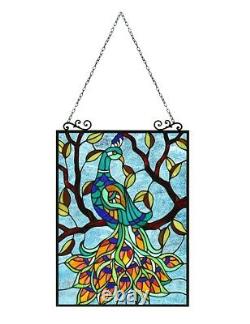 Stained Glass Peacock In Tree Window Panel Handcrafted Tiffany Style 18 x 25