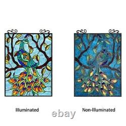 Stained Glass Peacock In Tree Window Panel Handcrafted Tiffany Style 18 x 25