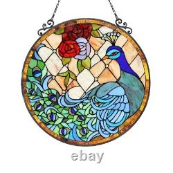 Stained Glass Peacock & Rose Round Window Panel Handcrafted Tiffany Style 24