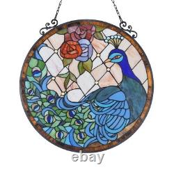 Stained Glass Peacock & Rose Round Window Panel Handcrafted Tiffany Style 24