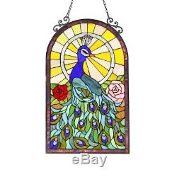 Stained Glass Peacock & Roses Window Panel Handcrafted Tiffany Style 20 x 32