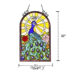 Stained Glass Peacock & Roses Window Panel Handcrafted Tiffany Style 20 x 32