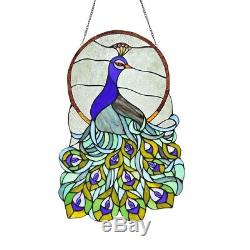 Stained Glass Peacock Window Panel Handcrafted Tiffany Style 15 x 24