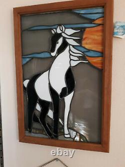 Stained Glass Pinto HORSE in frame hanging panel NEW 16x23