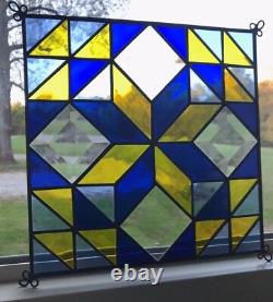 Stained Glass Quilted Square Panel 9 Inch Blue, Yellow, Clear FREE SHIPPING