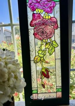 Stained Glass Red Roses Floral Panel Art Nouveau Tiffany Style Window Decor