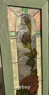 Stained Glass Red Roses Floral Panel Art Nouveau Tiffany Style Window Decor