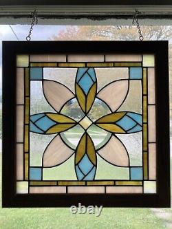 Stained Glass Rosebuds Tiffany Window Panel In Solid Wood Frame. Handcrafted USA