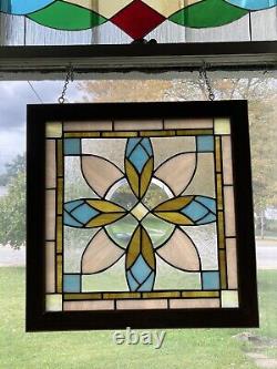 Stained Glass Rosebuds Tiffany Window Panel In Solid Wood Frame. Handcrafted USA