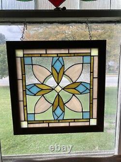 Stained Glass Rosebuds Tiffany Window Panel In Solid Wood Frame. Handcrafted USA