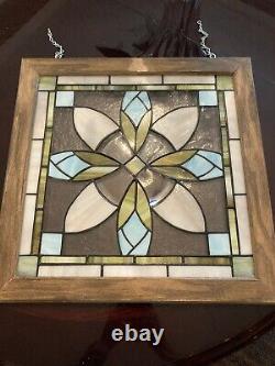 Stained Glass Rosebuds Tiffany Window Panel In Solid Wood Frame. Handcrafted USA