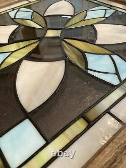 Stained Glass Rosebuds Tiffany Window Panel In Solid Wood Frame. Handcrafted USA