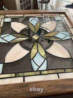 Stained Glass Rosebuds Tiffany Window Panel In Solid Wood Frame. Handcrafted USA