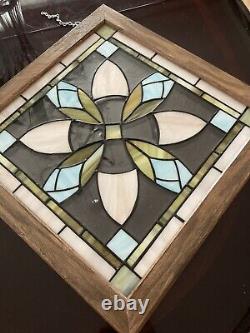 Stained Glass Rosebuds Tiffany Window Panel In Solid Wood Frame. Handcrafted USA