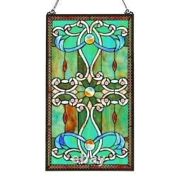 Stained Glass Rosettes & Marquee Cabochons Tiffany Style Window Panel 15W x 26T