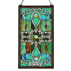 Stained Glass Rosettes & Marquee Cabochons Tiffany Style Window Panel 15W x 26T