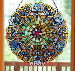 Stained Glass Round Suncatcher 27-inch Window Panel Multi Color Victorian Theme